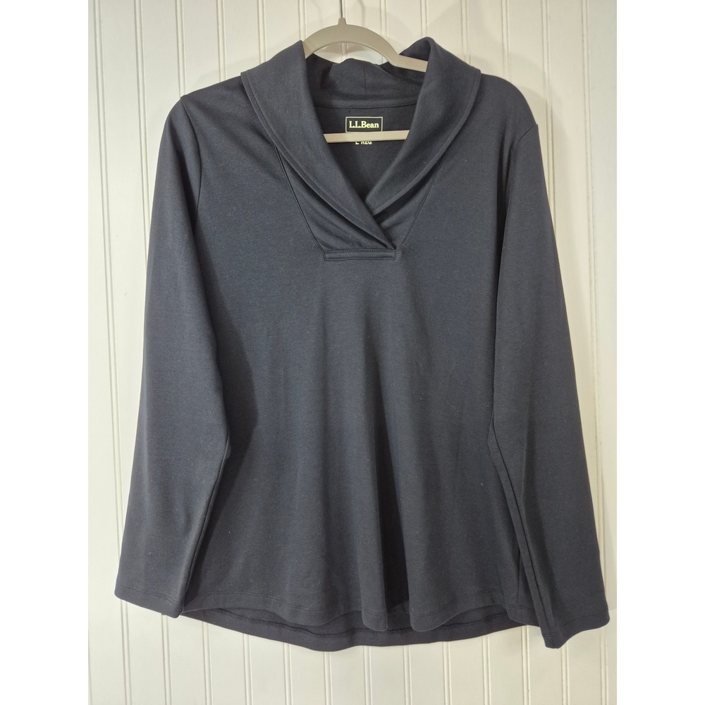 NWOT LL Bean Womens Black Cotton Shawl Collar Long Sleeve Pullover Top Large Reg